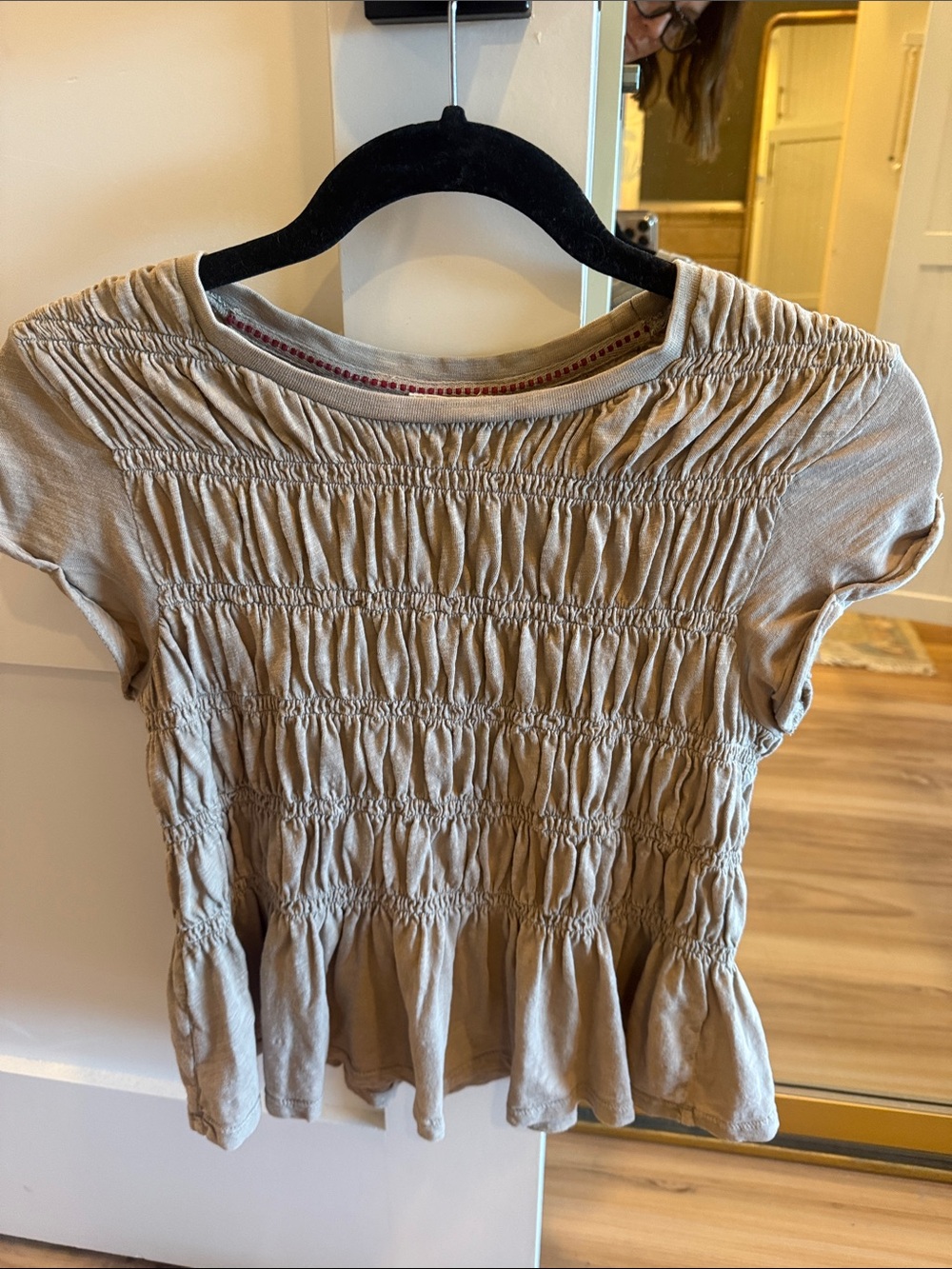 Pilcro Beige Smocked Short Sleeve Peplum Top XS